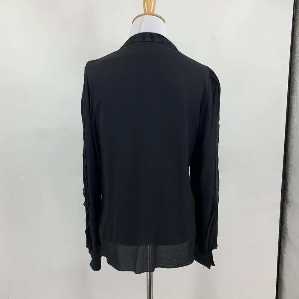 3.1 Phillip Lim Shirt Womens 4 Black Silk Ruffle Long Sleeve Quarter Zip Blouse - Picture 3 of 15